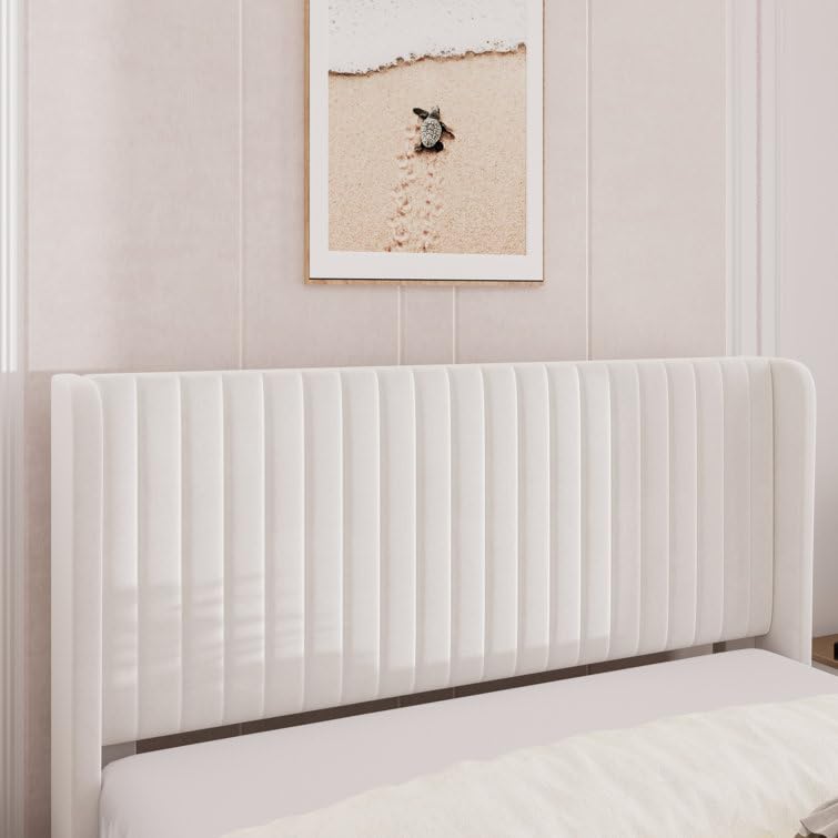 Solid Wood Modern Upholstered Queen Size Bed with Wingback Headboard | Wooden Double Bed Cot Palang Without Storage (White) -5 Year Warranty