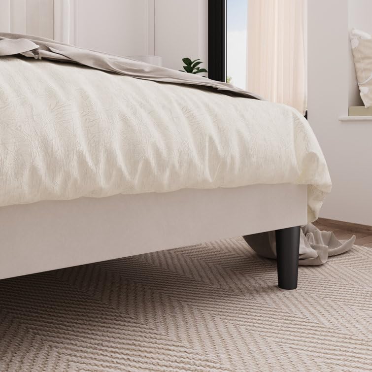 Solid Wood Modern Upholstered Queen Size Bed with Wingback Headboard | Wooden Double Bed Cot Palang Without Storage (White) -5 Year Warranty