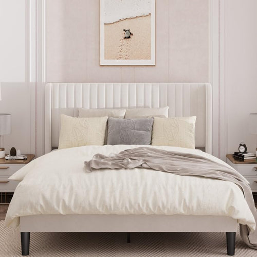 Solid Wood Modern Upholstered Queen Size Bed with Wingback Headboard | Wooden Double Bed Cot Palang Without Storage (White) -5 Year Warranty