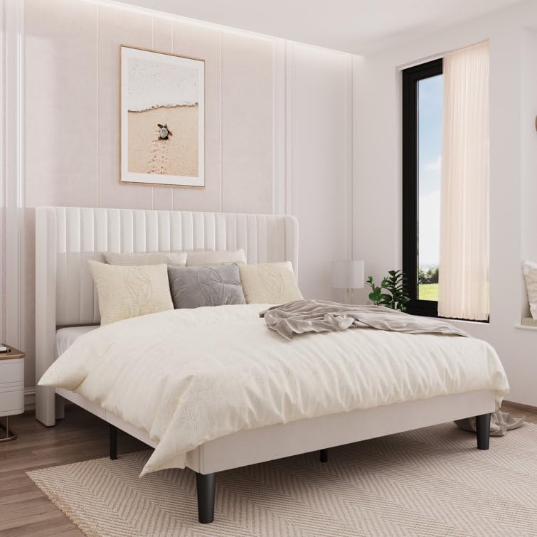 Solid Wood Modern Upholstered Queen Size Bed with Wingback Headboard | Wooden Double Bed Cot Palang Without Storage (White) -5 Year Warranty