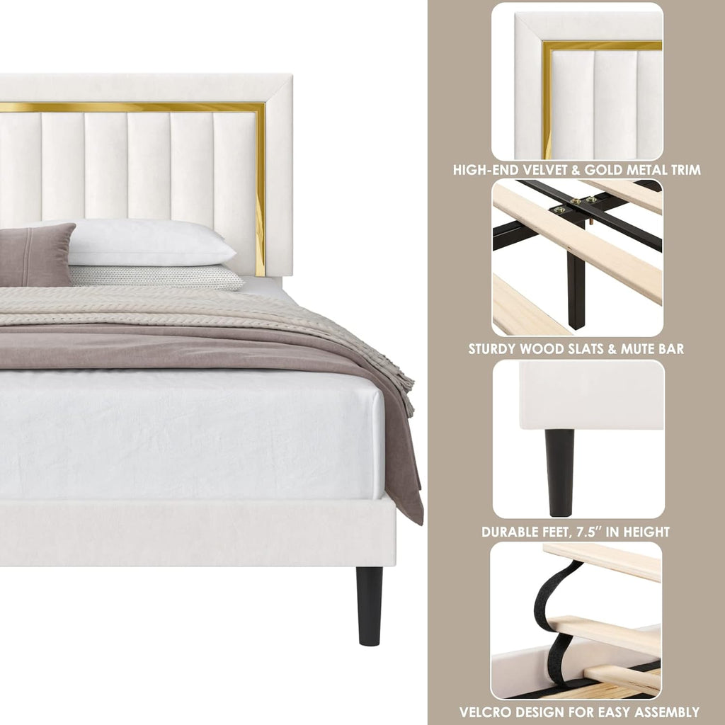 Upholstered King Size Bed Frame with Adjustable Tufted Headboard, Velvet Upholstered Platform Bed Frame with Gold Trim, Heavy Duty Mattress Foundation with Steel Frame, Easy-Assembly Slats (Beige, King)