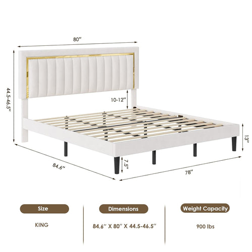 Upholstered King Size Bed Frame with Adjustable Tufted Headboard, Velvet Upholstered Platform Bed Frame with Gold Trim, Heavy Duty Mattress Foundation with Steel Frame, Easy-Assembly Slats (Beige, King)