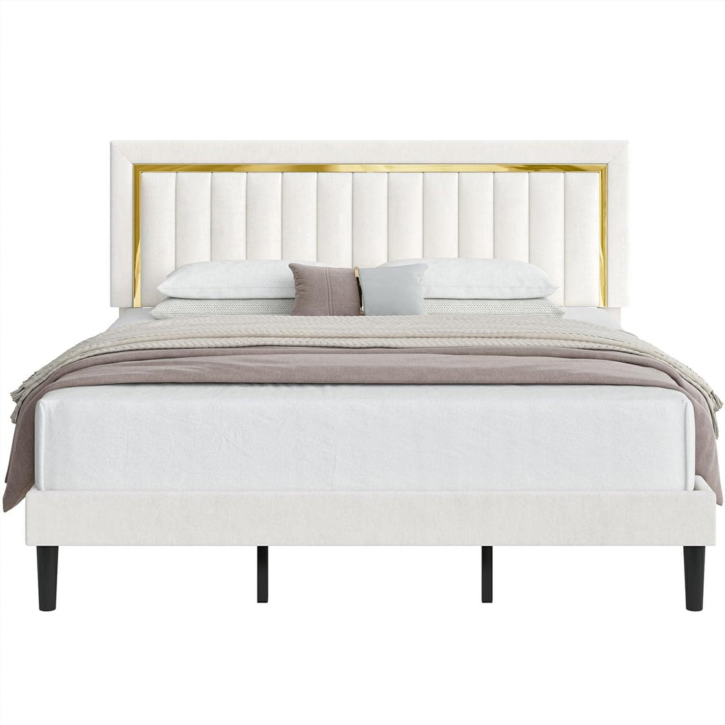 Upholstered King Size Bed Frame with Adjustable Tufted Headboard, Velvet Upholstered Platform Bed Frame with Gold Trim, Heavy Duty Mattress Foundation with Steel Frame, Easy-Assembly Slats (Beige, King)
