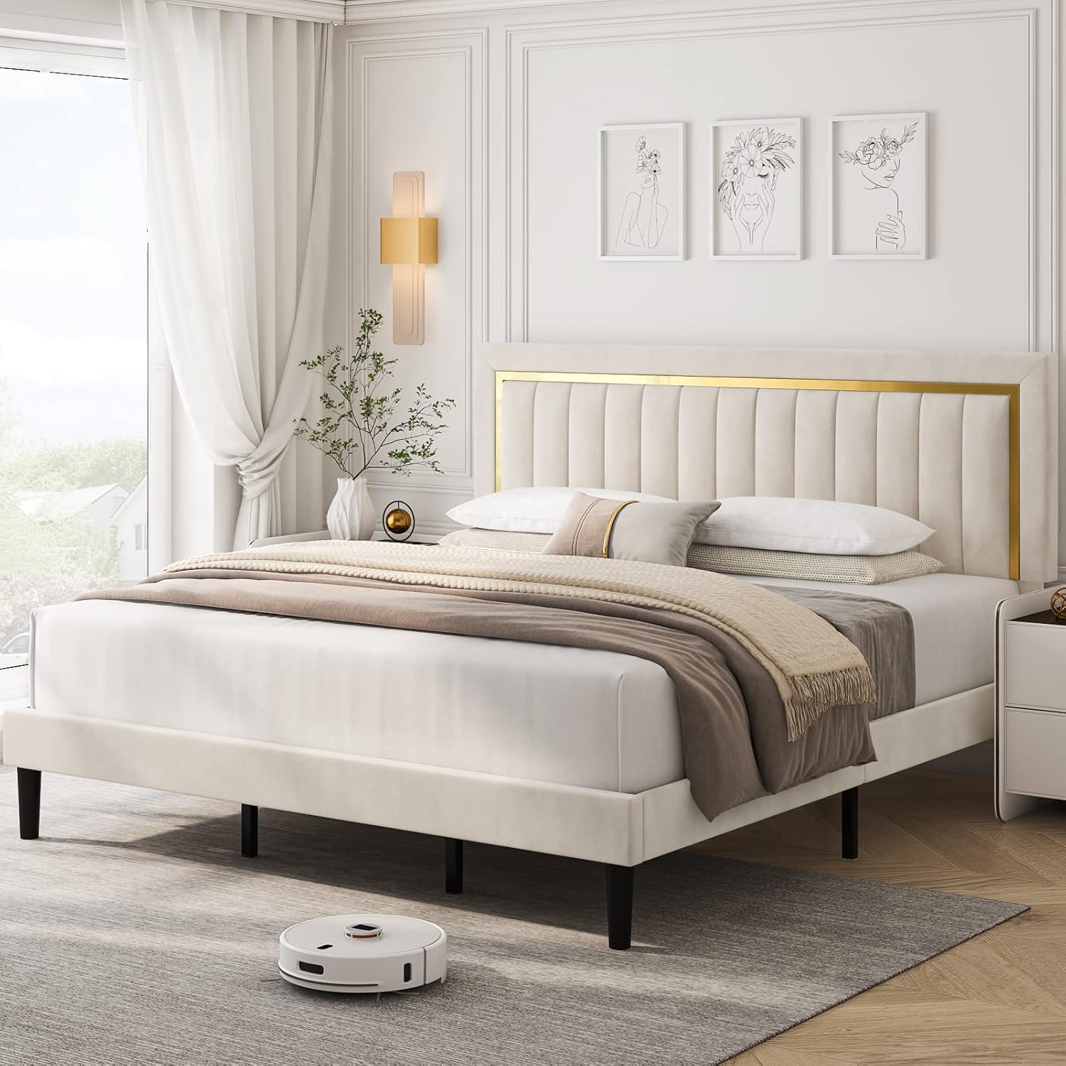 Upholstered King Size Bed Frame with Adjustable Tufted Headboard, Velvet Upholstered Platform Bed Frame with Gold Trim, Heavy Duty Mattress Foundation with Steel Frame, Easy-Assembly Slats (Beige, King)