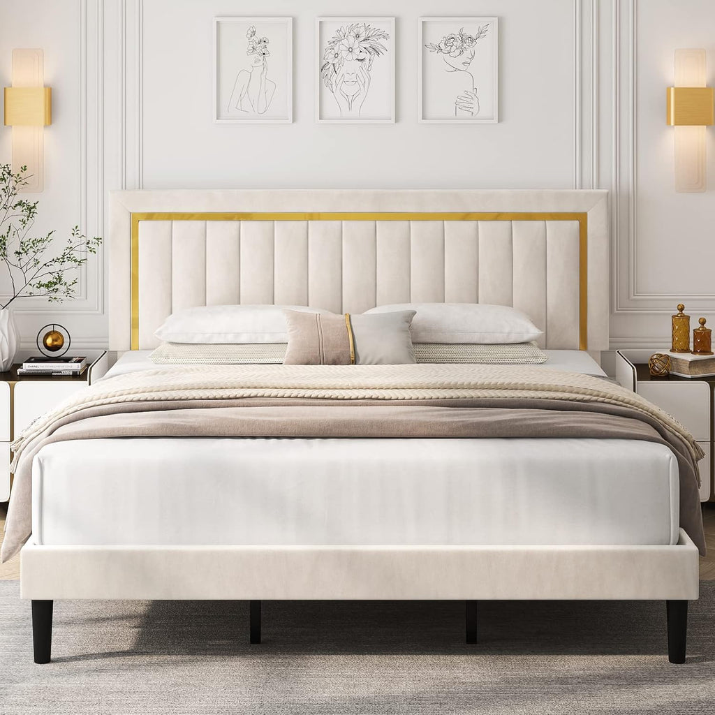 Upholstered King Size Bed Frame with Adjustable Tufted Headboard, Velvet Upholstered Platform Bed Frame with Gold Trim, Heavy Duty Mattress Foundation with Steel Frame, Easy-Assembly Slats (Beige, King)