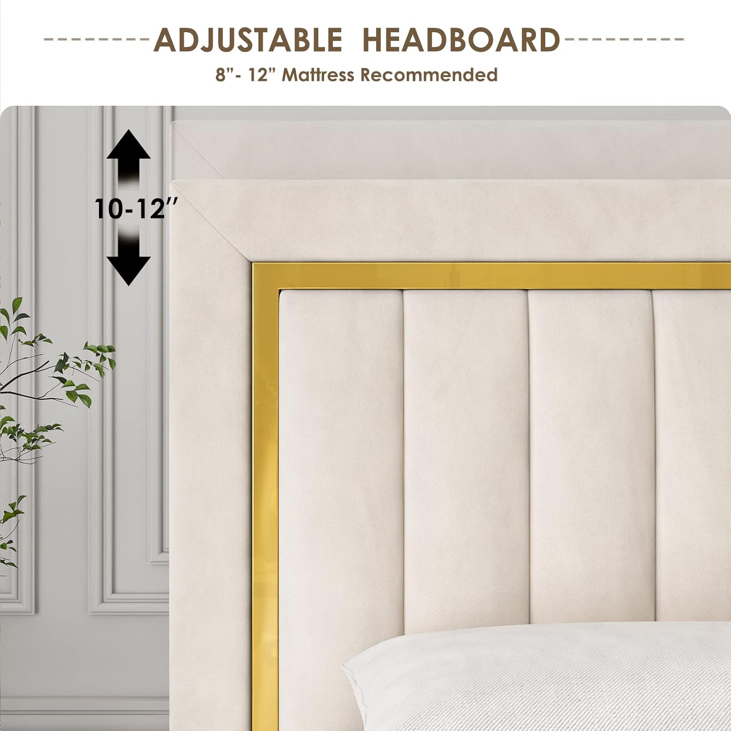 Upholstered King Size Bed Frame with Adjustable Tufted Headboard, Velvet Upholstered Platform Bed Frame with Gold Trim, Heavy Duty Mattress Foundation with Steel Frame, Easy-Assembly Slats (Beige, King)